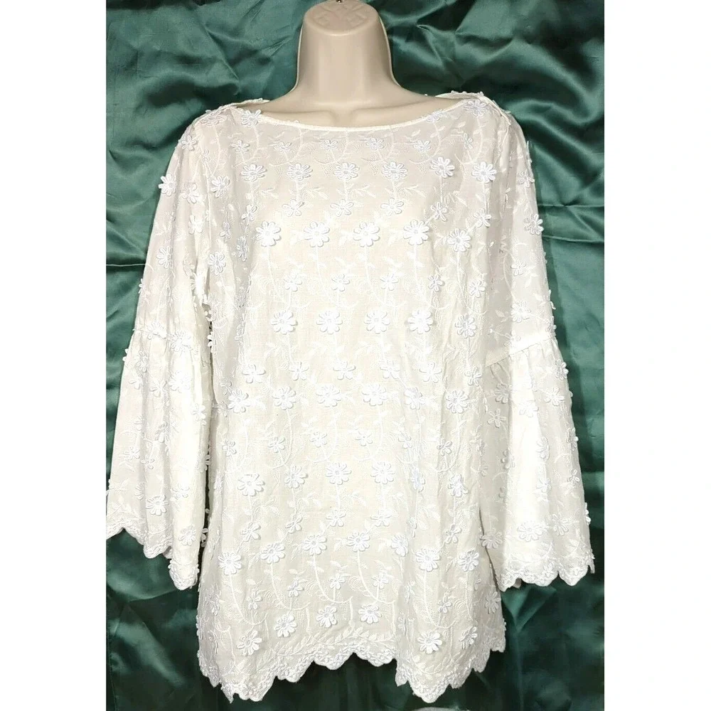 Soft Surroundings Blouse Tunic L Embroidered White Bishop Sleeves Boho Chic Glam - Picture 3 of 12